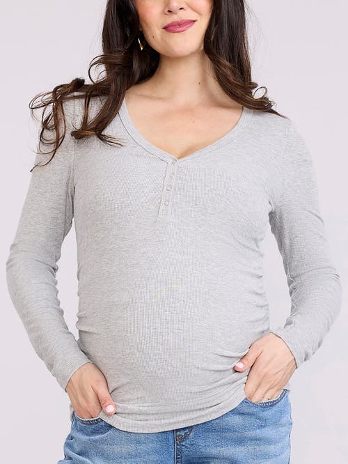 Motherhood Maternity V-neck Side-ruched Long Sleeve Henley Tee In Gray