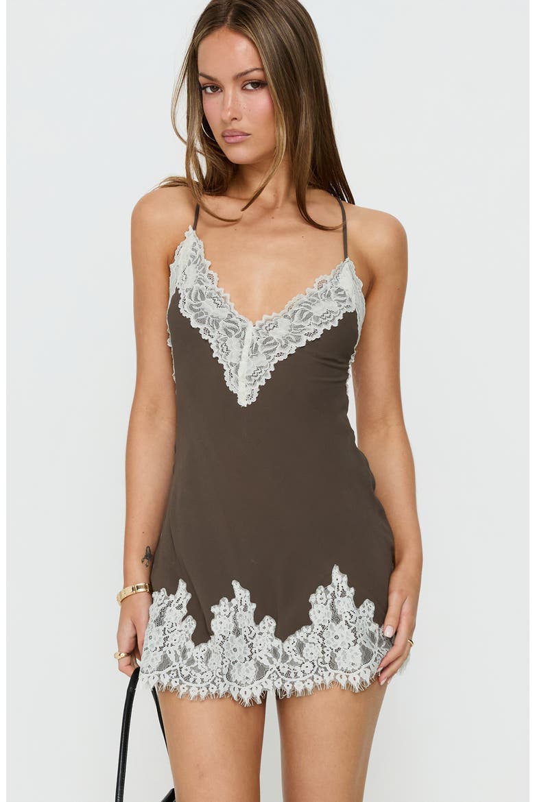 Call My Lover Lace Slip Minidress, Alternate, color, BROWN / CREAM