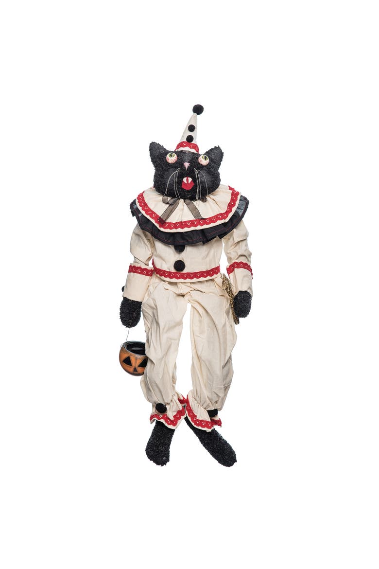 Sebastian Black Cat Clown Halloween Joe Spencer Gathered Traditions Figurine, Main, color, White