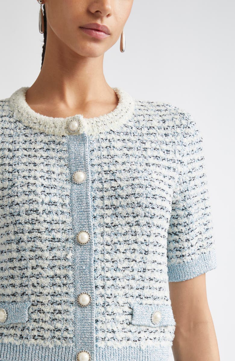 ST. JOHN Sequin Eyelash Cardigan, Alternate, color, Aqua/ White