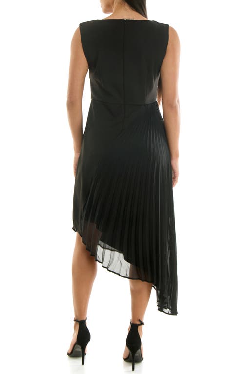 Nina Leonard Asymmetric Pleated Midi Dress In Black/black