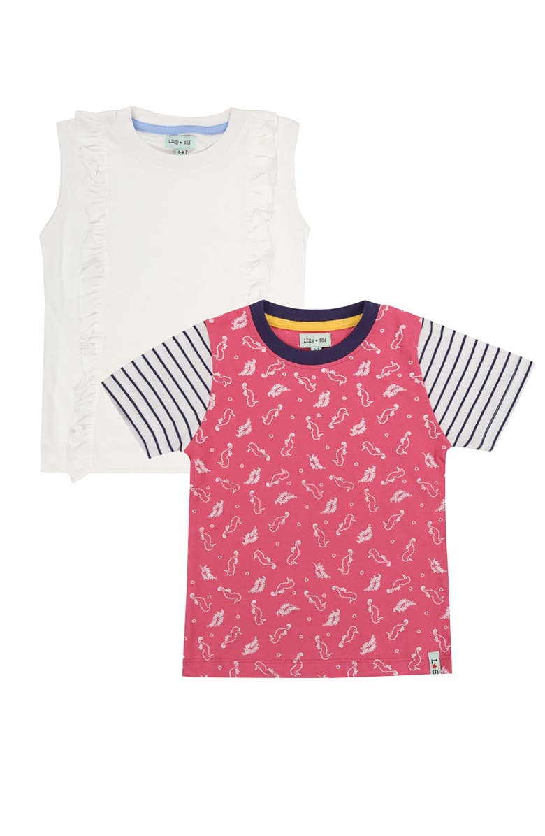 Lilly + Sid Organic Cotton Seahorse Print & Plain Top -2 Pack, Main, color, Multi