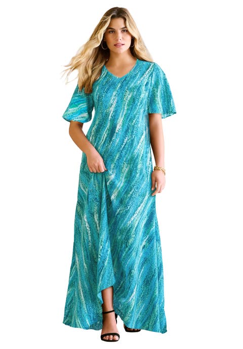 Plus Size Hand Crinkled Flutter-Sleeve Maxi Dress (Plus)
