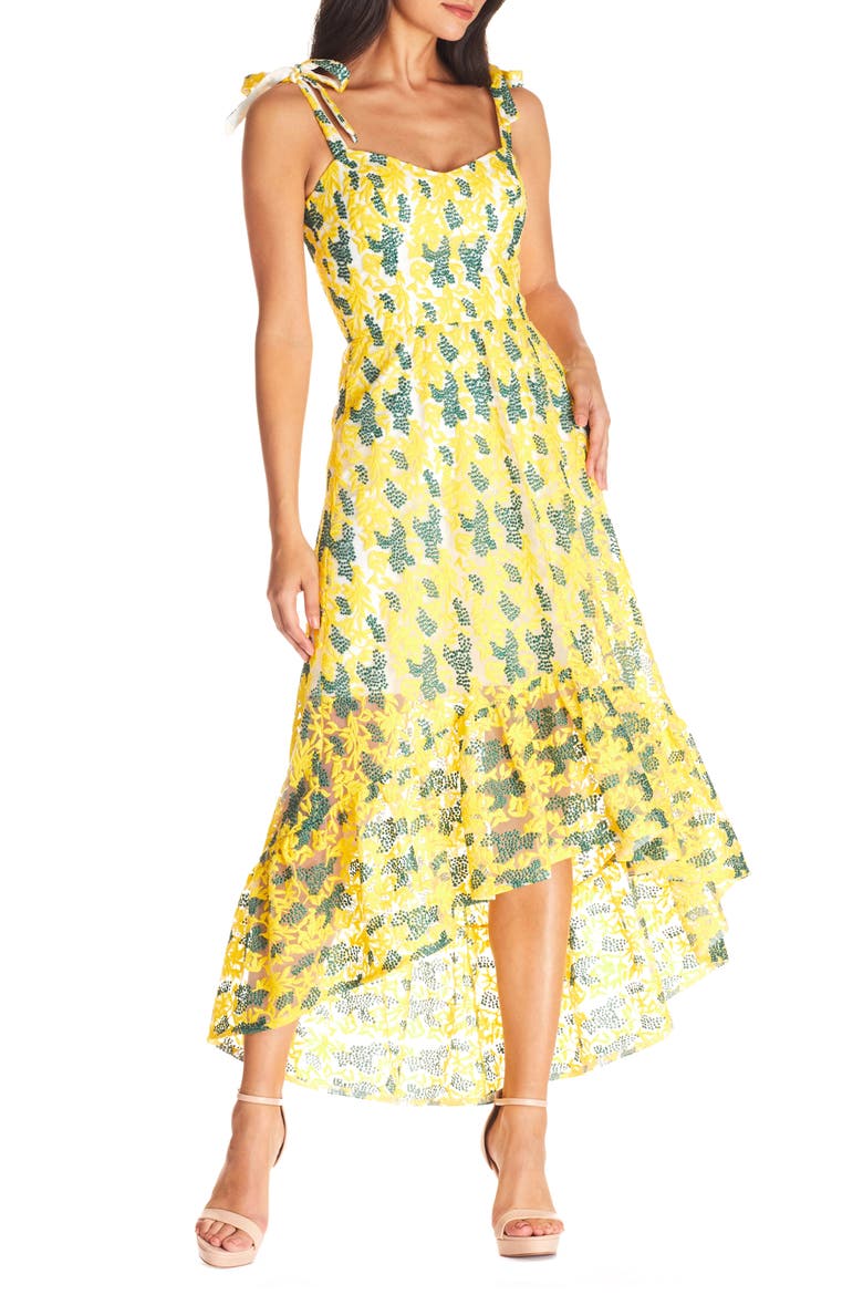 Wren Tie Shoulder High/Low Cocktail Dress, Main, color, CANARY MULTI