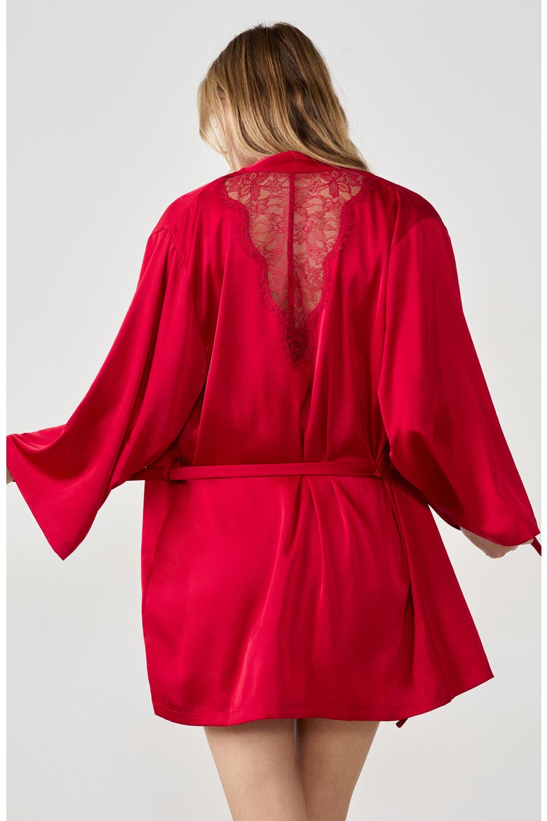 Confidence Deshabille Lace Trim Satin Robe, Alternate, color, RED