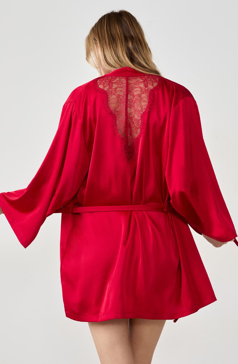 Etam Confidence Deshabille Lace Trim Satin Robe, Alternate, color, Red