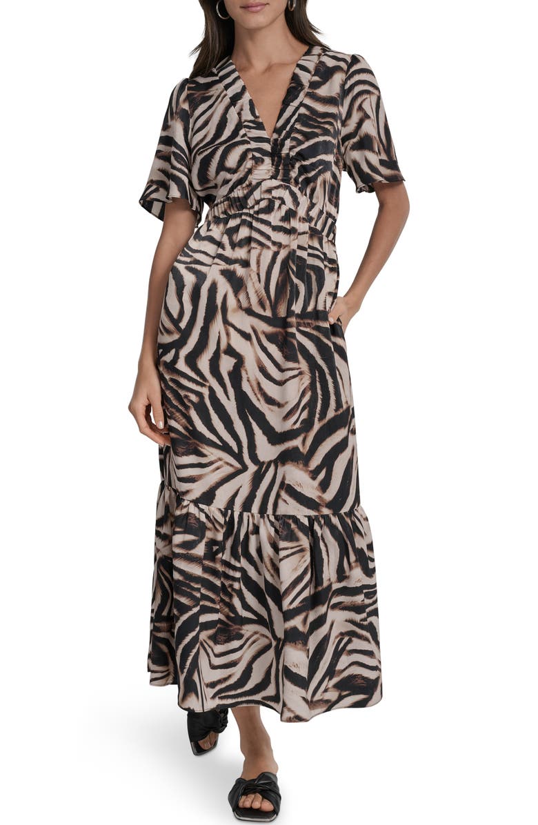 DKNY Print V-Neck Maxi Dress, Main, color, Blurred Zebra