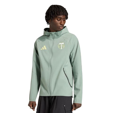 Men's adidas  Light Green Portland Timbers Tiro Travel Full-Zip Hooded Windbreaker
