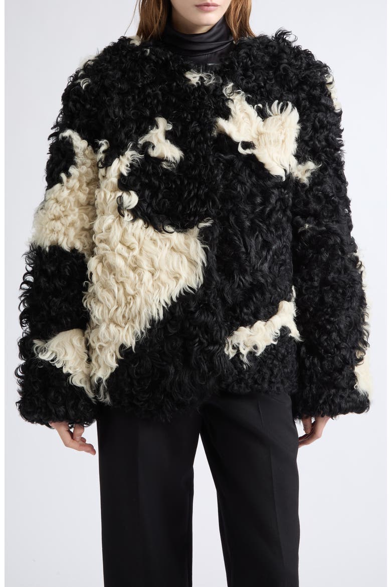 Cow Print Genuine Shearling Jacket, Main, color, BLACK CREAM