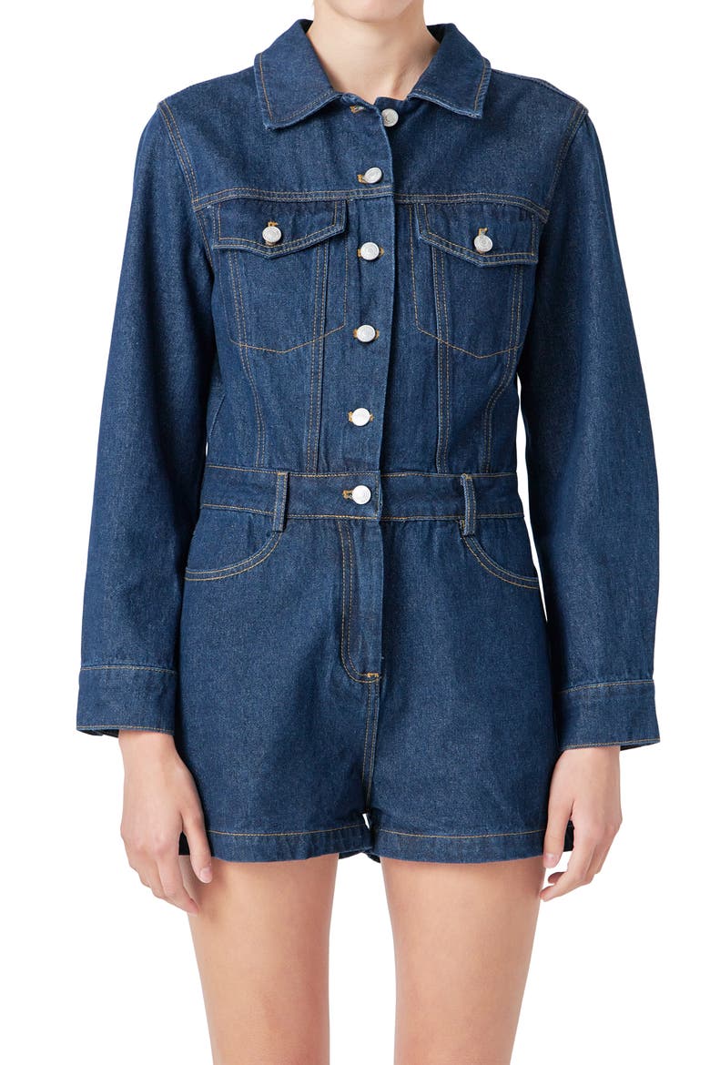 Long Sleeve Denim Romper, Alternate, color, NAVY