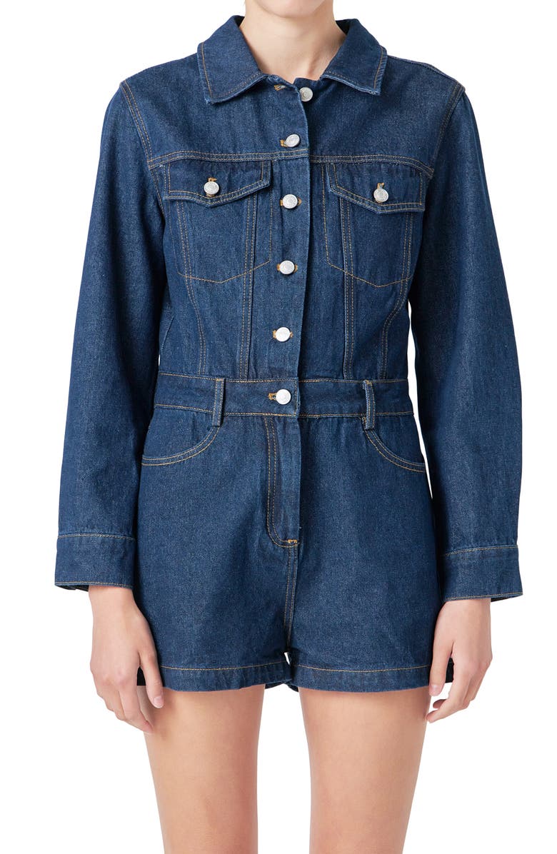Grey Lab Long Sleeve Denim Romper, Alternate, color, Navy