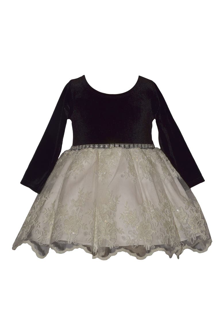 Embroidered Stretch Velvet Embroidered Party Dress, Main, color, BLACK