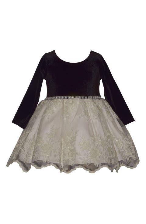 Embroidered Stretch Velvet Embroidered Party Dress (Baby)