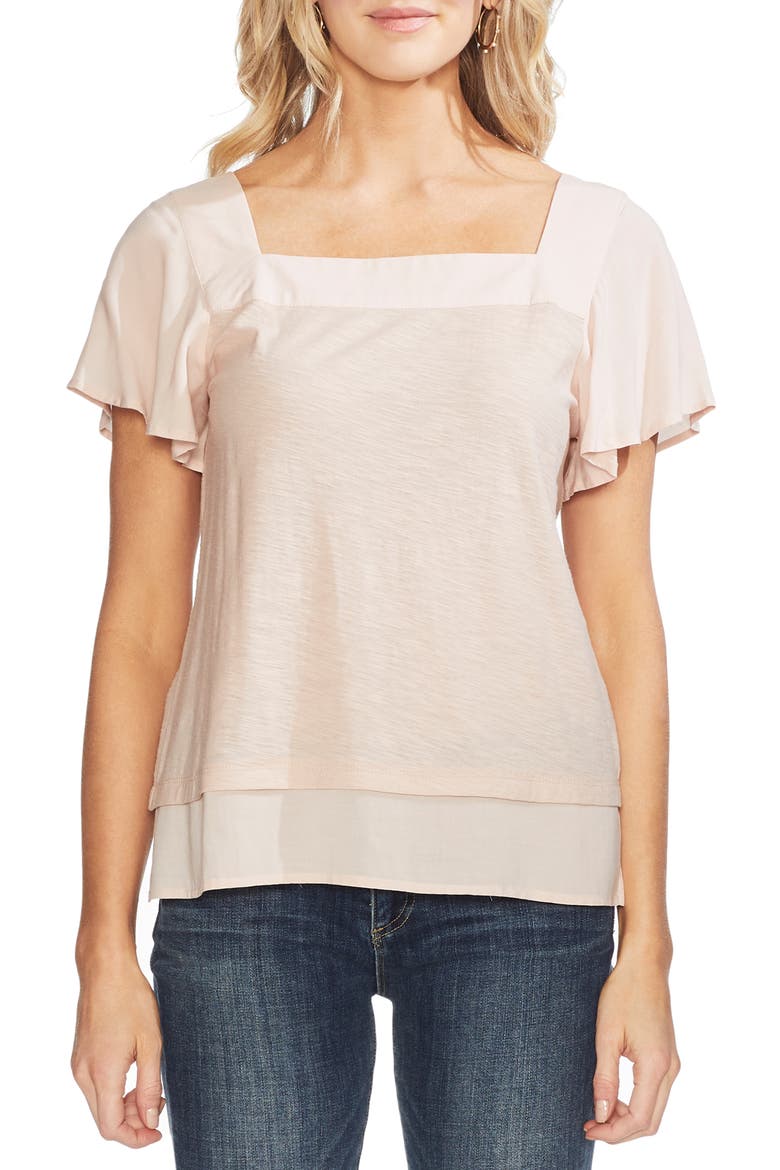 Layered Look Flutter Sleeve Top, Main, color, PEACH BELLINI