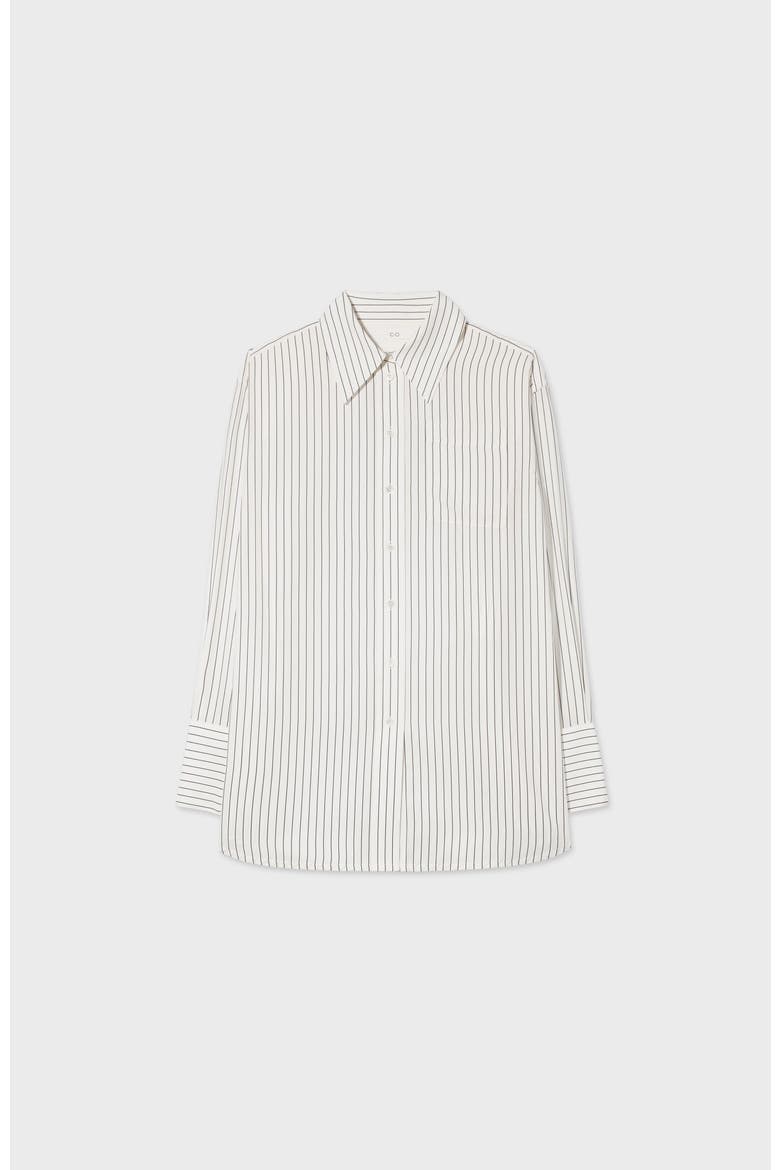 Striped Button Down Shirt in Silk, Alternate, color, Beige/Navy Stripe