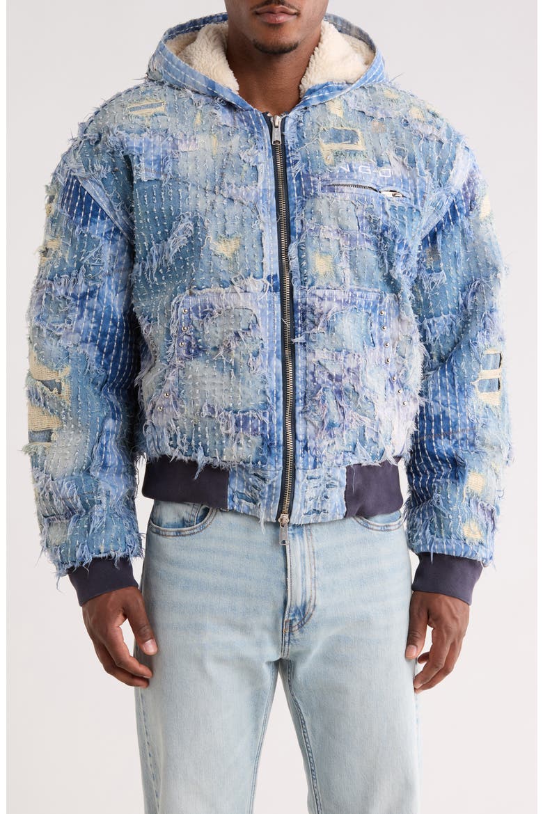 Boro Distressed Hooded Denim Jacket, Alternate, color, BLUE WASH
