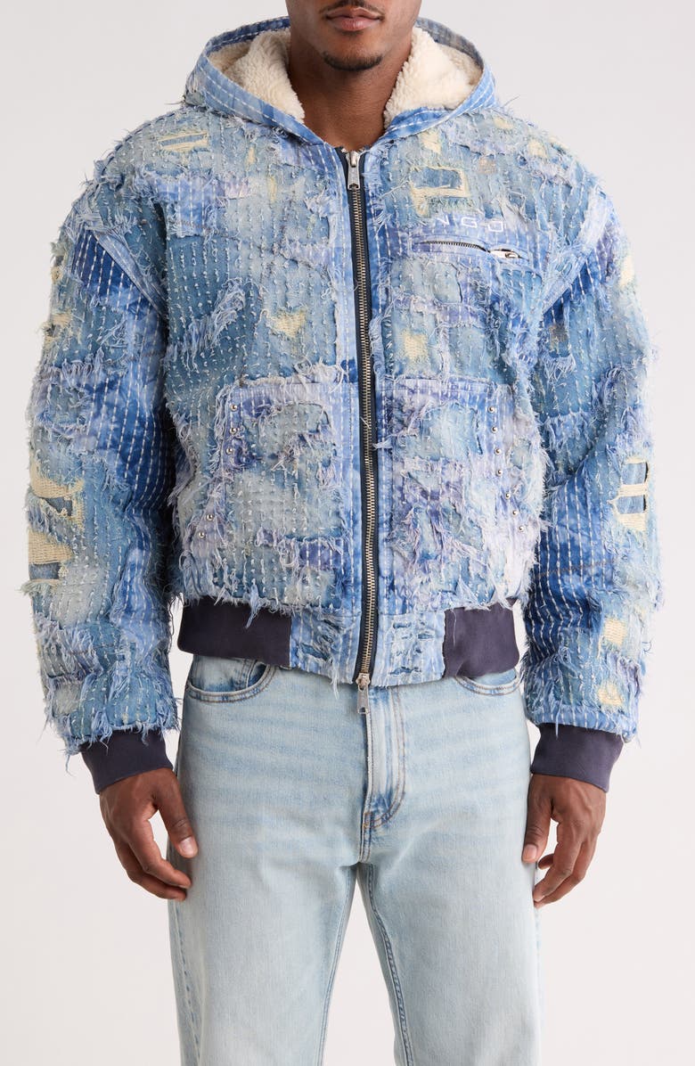 Nothing Grows Overnight Boro Distressed Hooded Denim Jacket, Alternate, color, Blue Wash