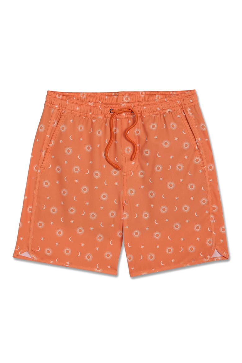 Kids' The Anchor Tropical Print Water Repellent Swim Trunks, Main, color, ORANGE SUN & STARS