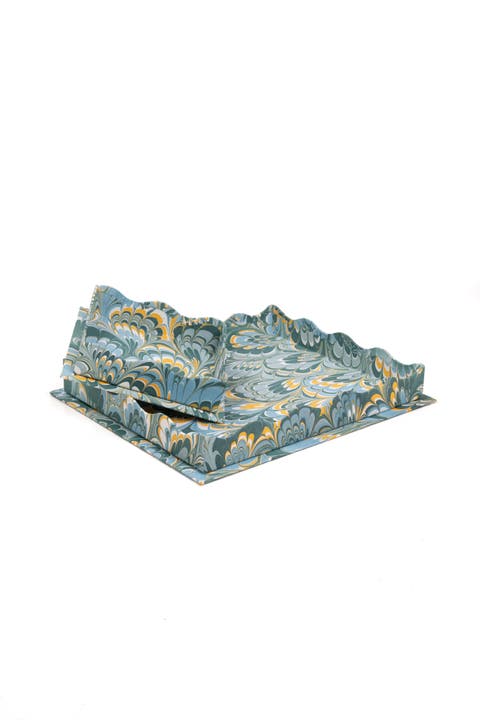 Nesting Scalloped Hand-Marbled Tray