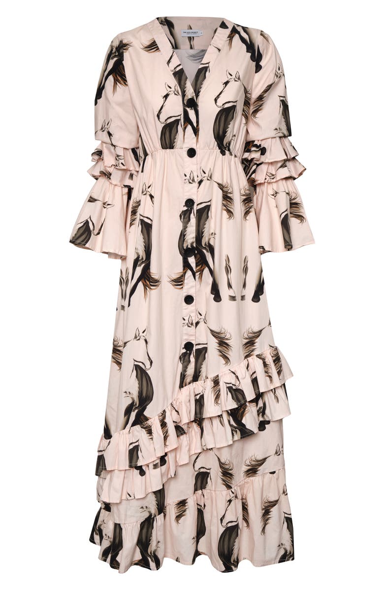 The Lulo Project Gaucho Horse Print Long Sleeve Ruffle Maxi Dress, Alternate, color, Beige Horses