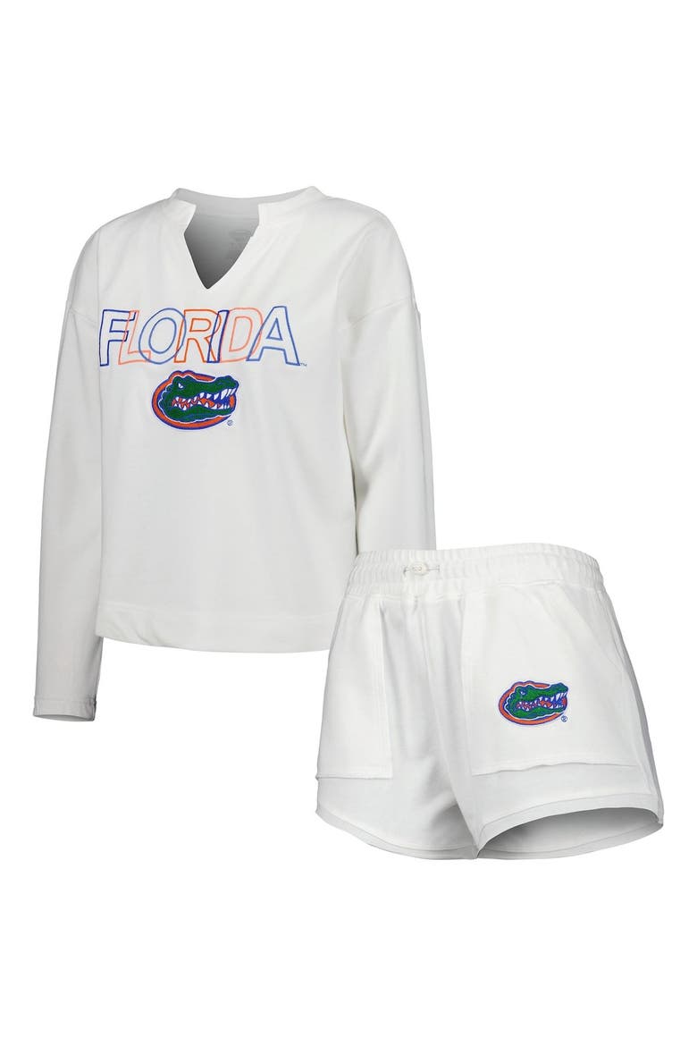 Women's Concepts Sport  White Florida Gators Sunray Notch Neck Long Sleeve T-Shirt & Shorts Set, Alternate, color, White