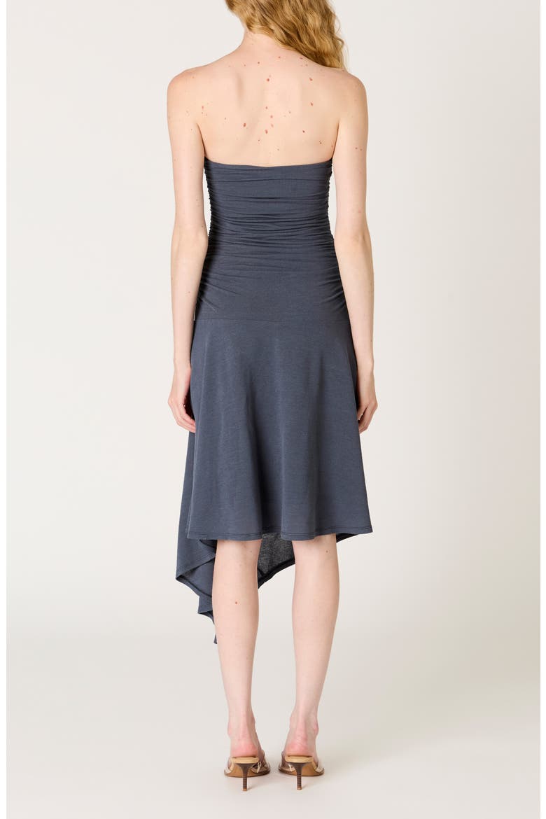 Sabela Ruched Strapless Asymmetric Midi Dress, Alternate, color, INDIGO