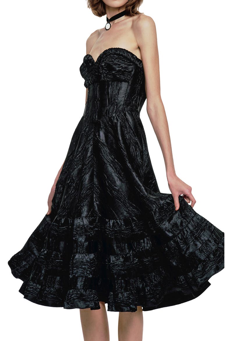 Crushed Satin Strapless Sweetheart Dress, Alternate, color, BLACK