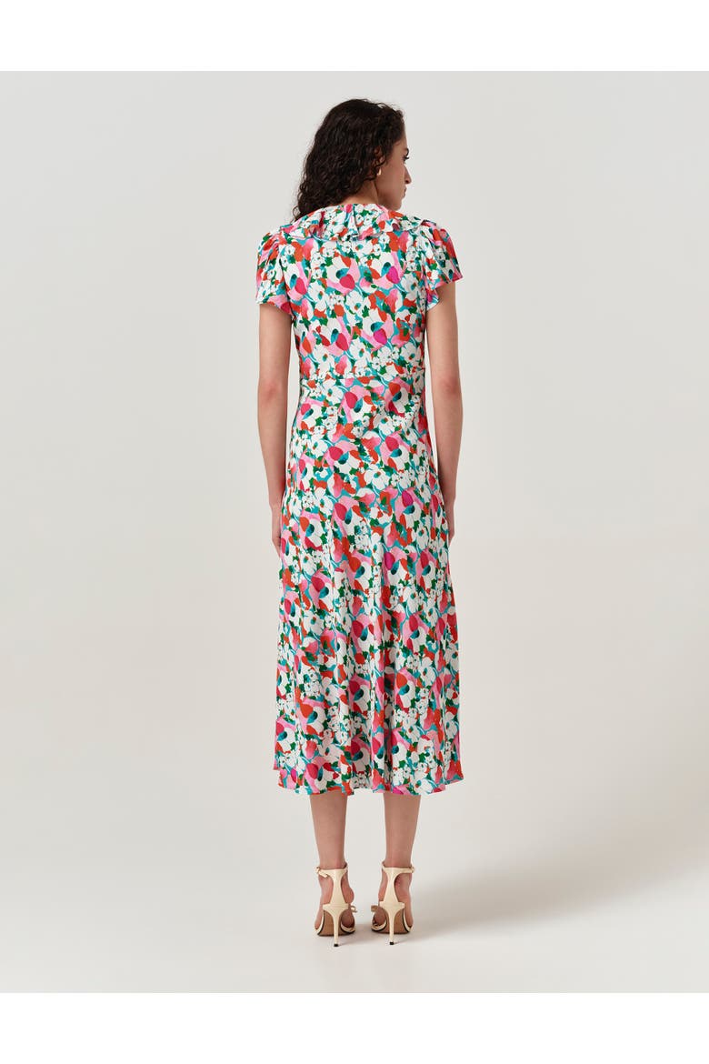 Kimmy Floral Frill Neck Crepe Midi Dress, Alternate, color, Pink Tulip
