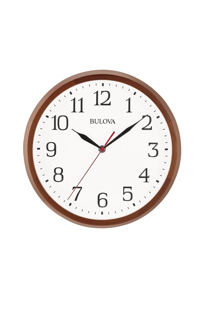 Bulova Clocks Warm Walnut Finish Wall 12" Diameter Wall Clock, Main, color, Brown