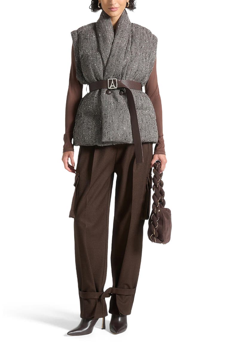 Inez Herringbone Wool Wrap Belted Puffer Jacket, Alternate, color, Brown
