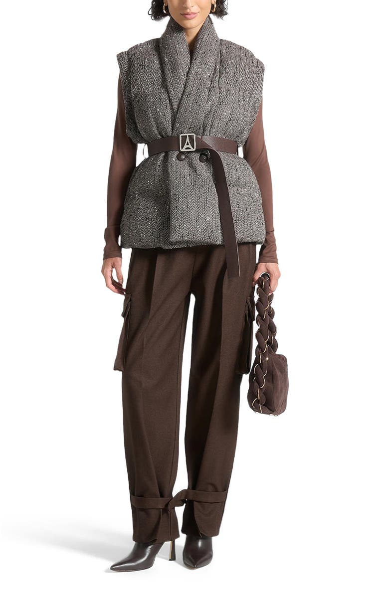 Manière De Voir Inez Herringbone Wool Wrap Belted Puffer Jacket, Main, color, Brown