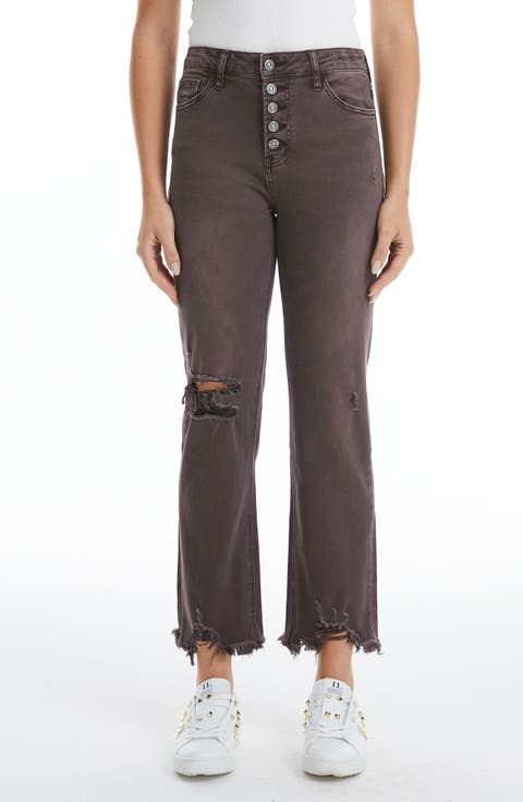 High Waist Ripped Chew Hem Straight Leg Jeans