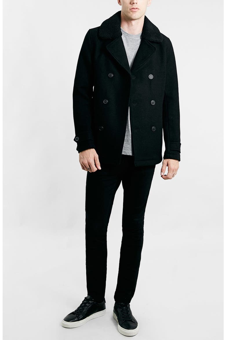 Peacoat with Removable Faux Fur Collar, Alternate, color, BLACK