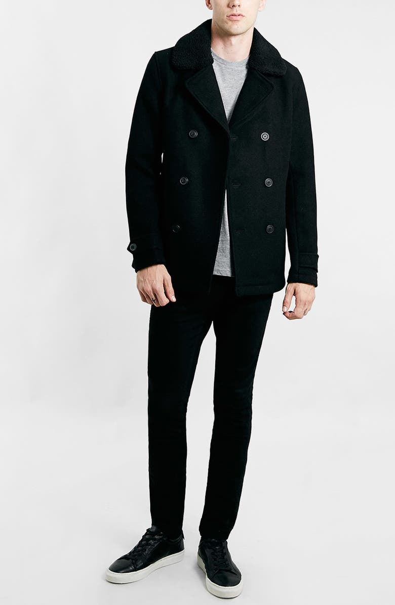 Topman Peacoat with Removable Faux Fur Collar, Alternate, color, 