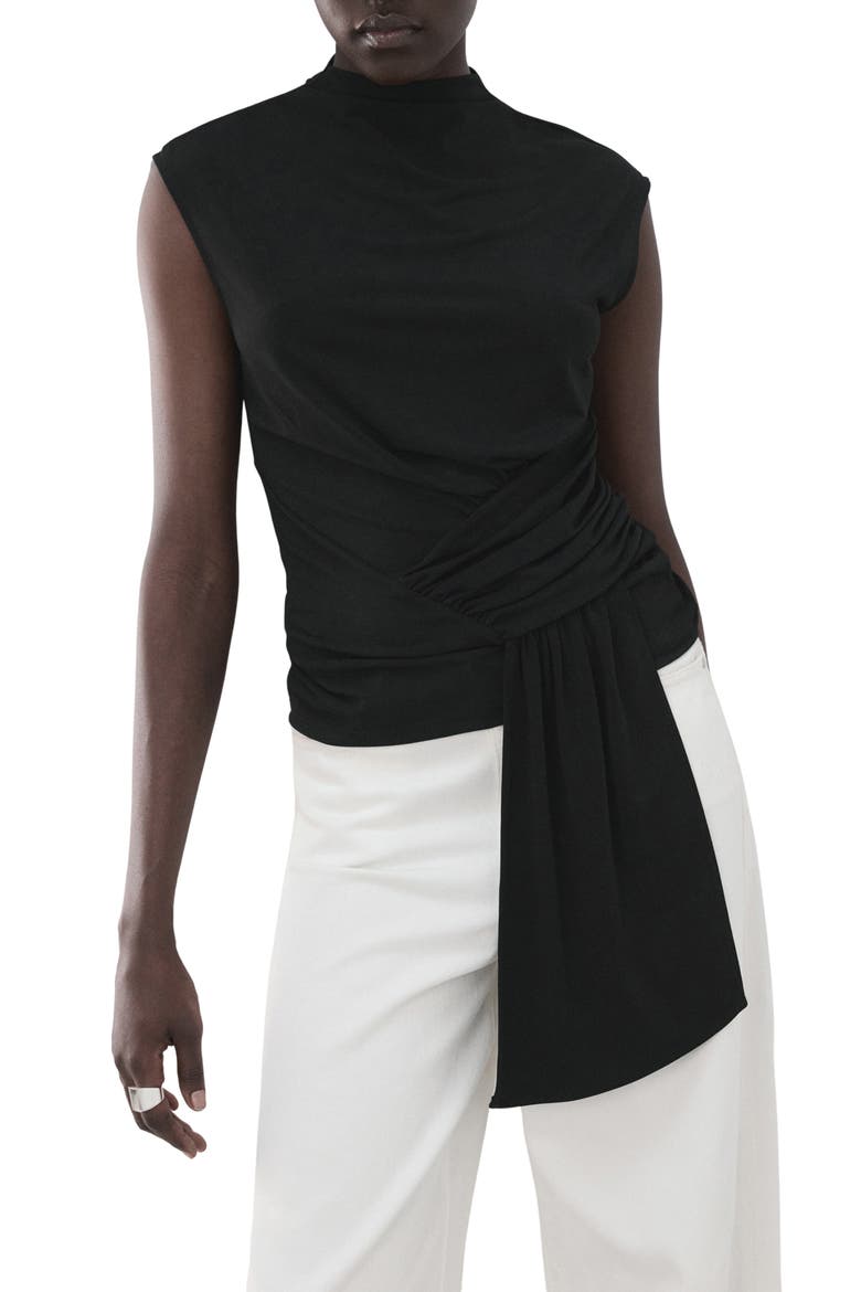 Shirred Faux Wrap Top, Main, color, BLACK
