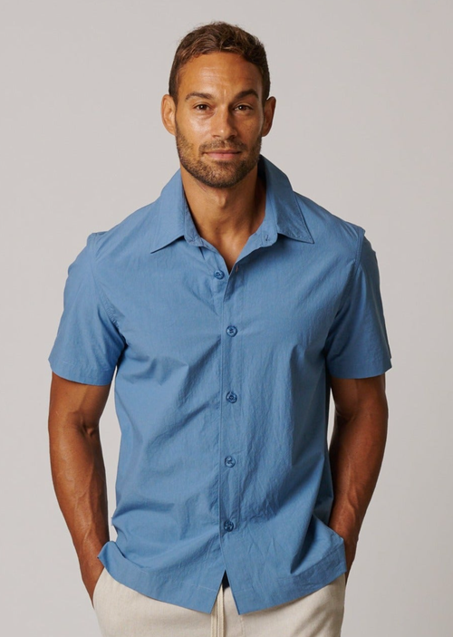Leisure Lab Short Sleeve Cotton Button Up In Pacific