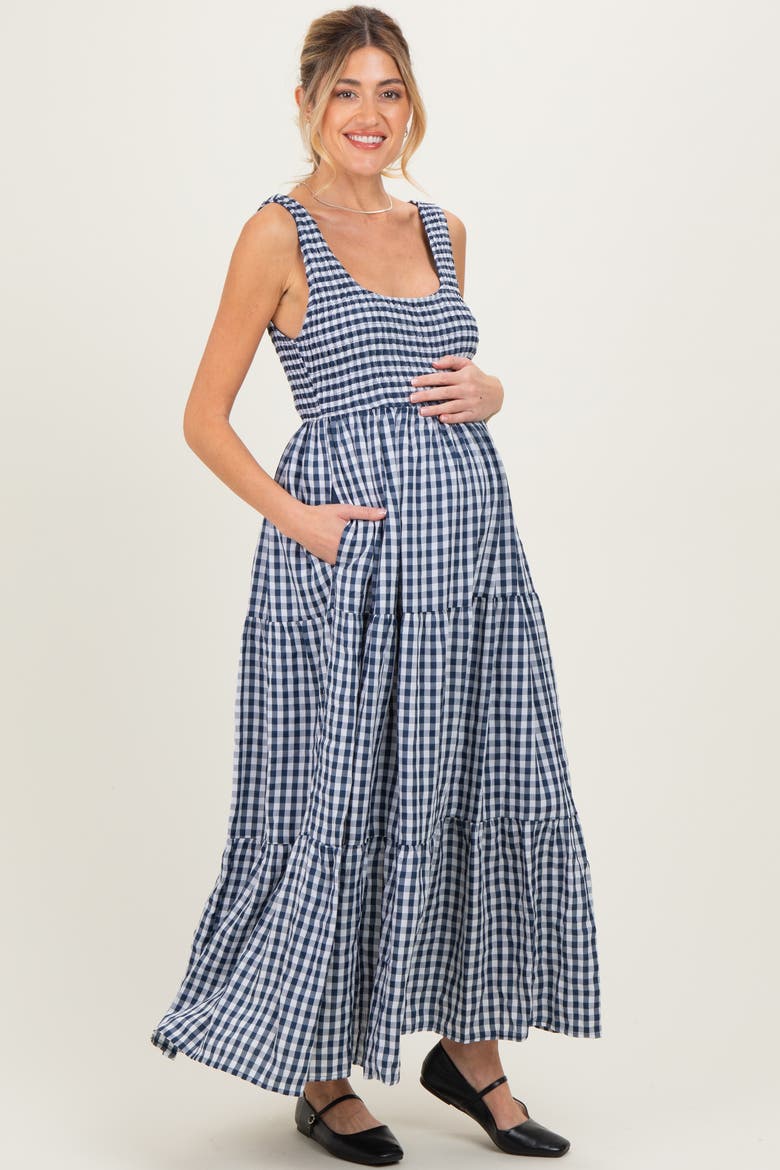 Gingham Sleeveless Tiered Maxi Dress, Alternate, color, Blue
