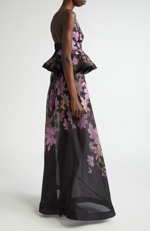 Zimmermann Dawning Bead-embellished Floral-print Linen And Silk-blend Peplum Maxi Dress In Black Lily