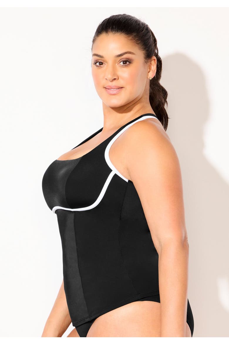 Chlorine Resistant Square Neck Contrast Trim Tankini Top, Alternate, color, Black White