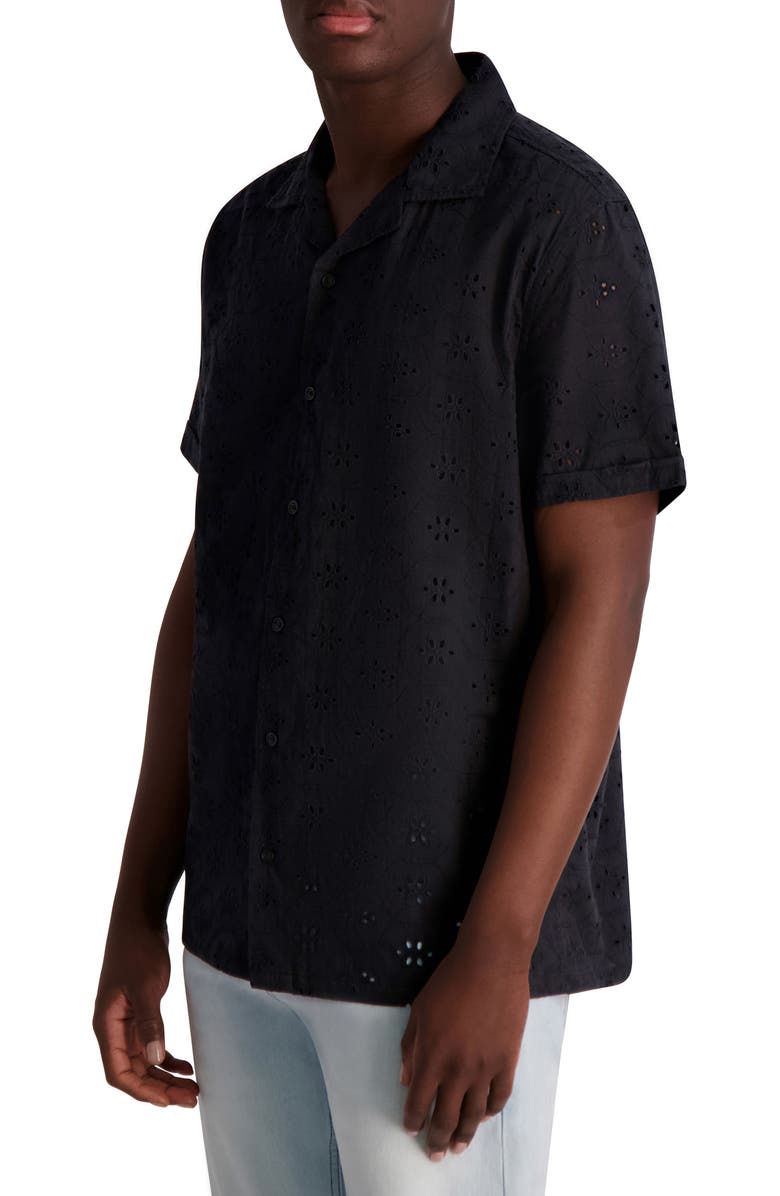 KARL LAGERFELD PARIS Eyelet Camp Shirt, Alternate, color, Black