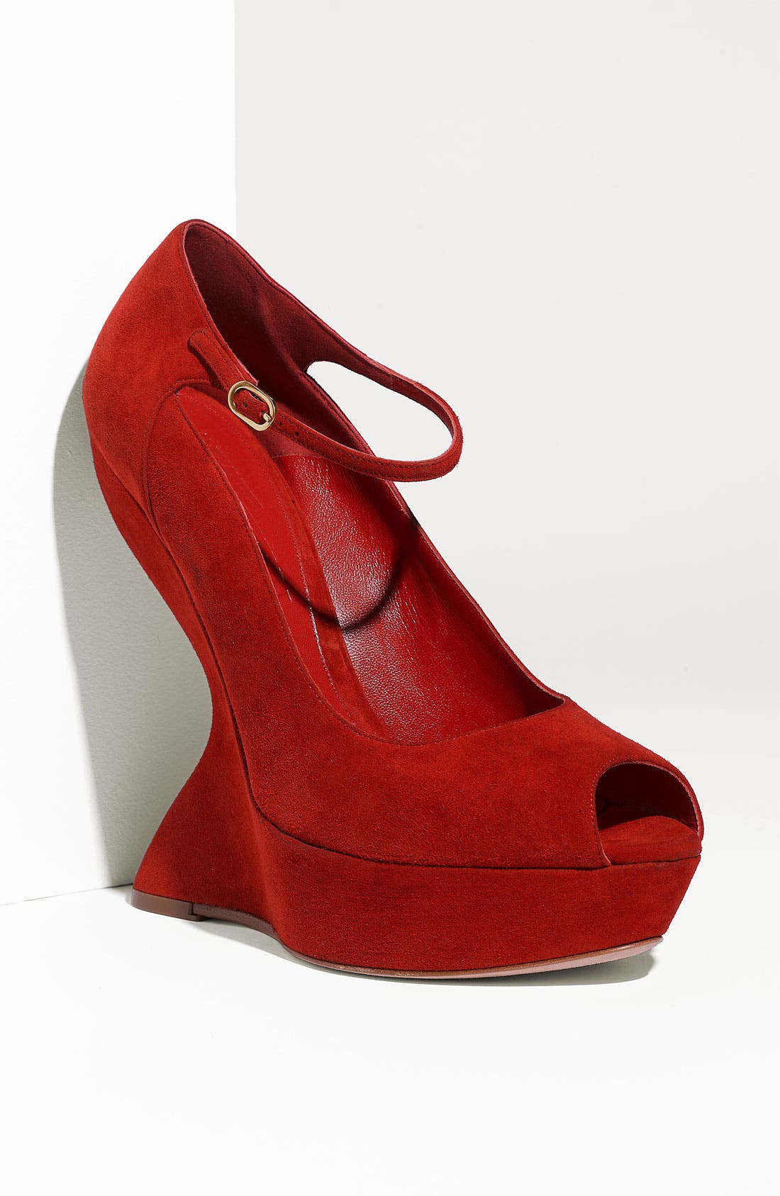 Alexander McQueen Peep Toe Sculpted Wedge Pump, Main, color, ROUGE