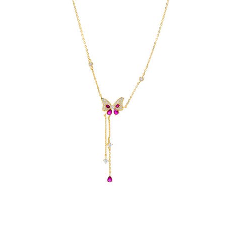 Colored Pave Butterfly CZ Station Lariat Necklace