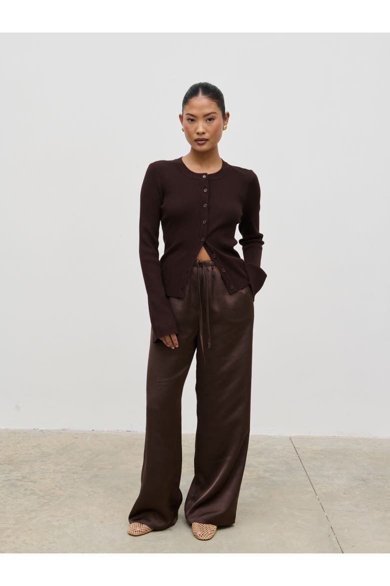 Breya Satin Drawstring Wide Leg Trousers, Alternate, color, Brown