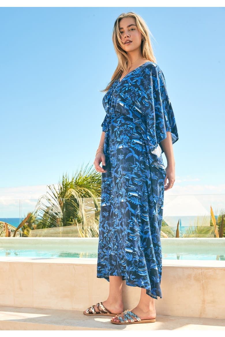 Ruched Caftan Cover Up, Alternate, color, BLUE BEACH TOILE