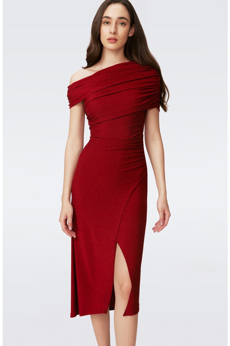 Agustin Metallic Sparkle One-Shoulder Midi Dress, Alternate, color, METALLIC RED