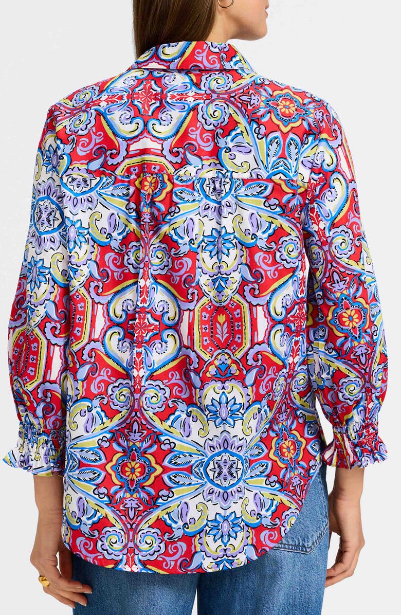 Foxcroft Olivia Smocked Cuff Cotton Shirt, Alternate, color, Red/ Multi