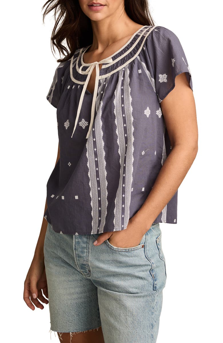 Lucky Brand Geo Embroidered Short Sleeve Cotton Peasant Top, Alternate, color, Night Shadow Blue