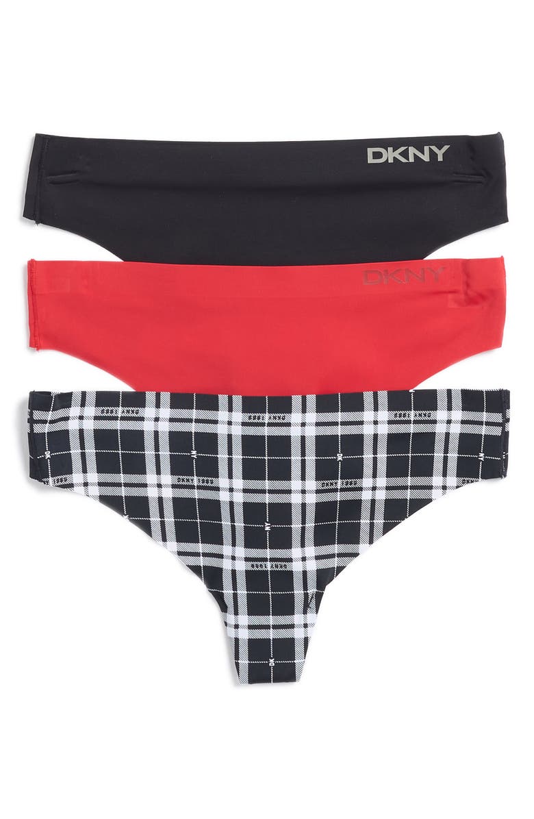 DKNY 3-Pack Assorted Thongs, Main, color, Black / Cream / Plaid