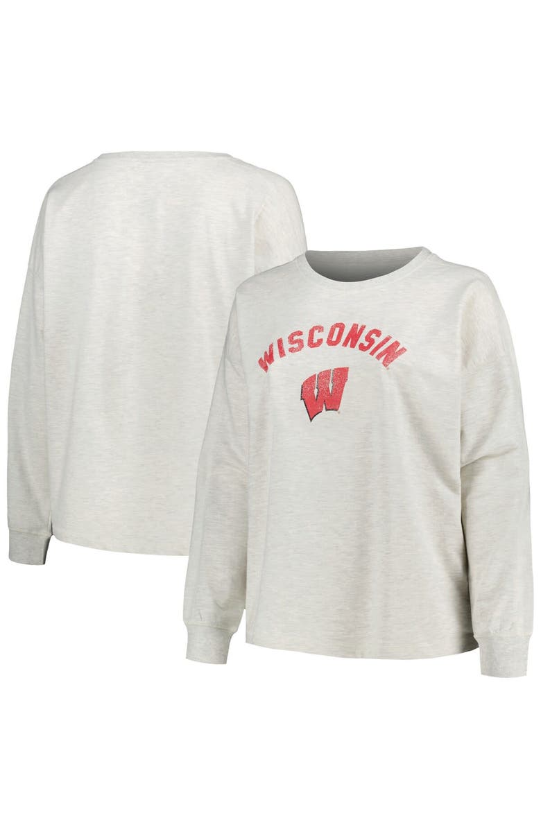 PROFILE Women's Profile Oatmeal Wisconsin Badgers Plus Size Distressed Arch Over Logo Neutral Boxy Pullover Sweatshirt, Main, color, Oatmeal
