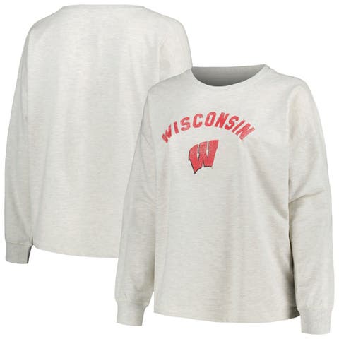 Women's Profile Oatmeal Wisconsin Badgers Plus Size Distressed Arch Over Logo Neutral Boxy Pullover Sweatshirt